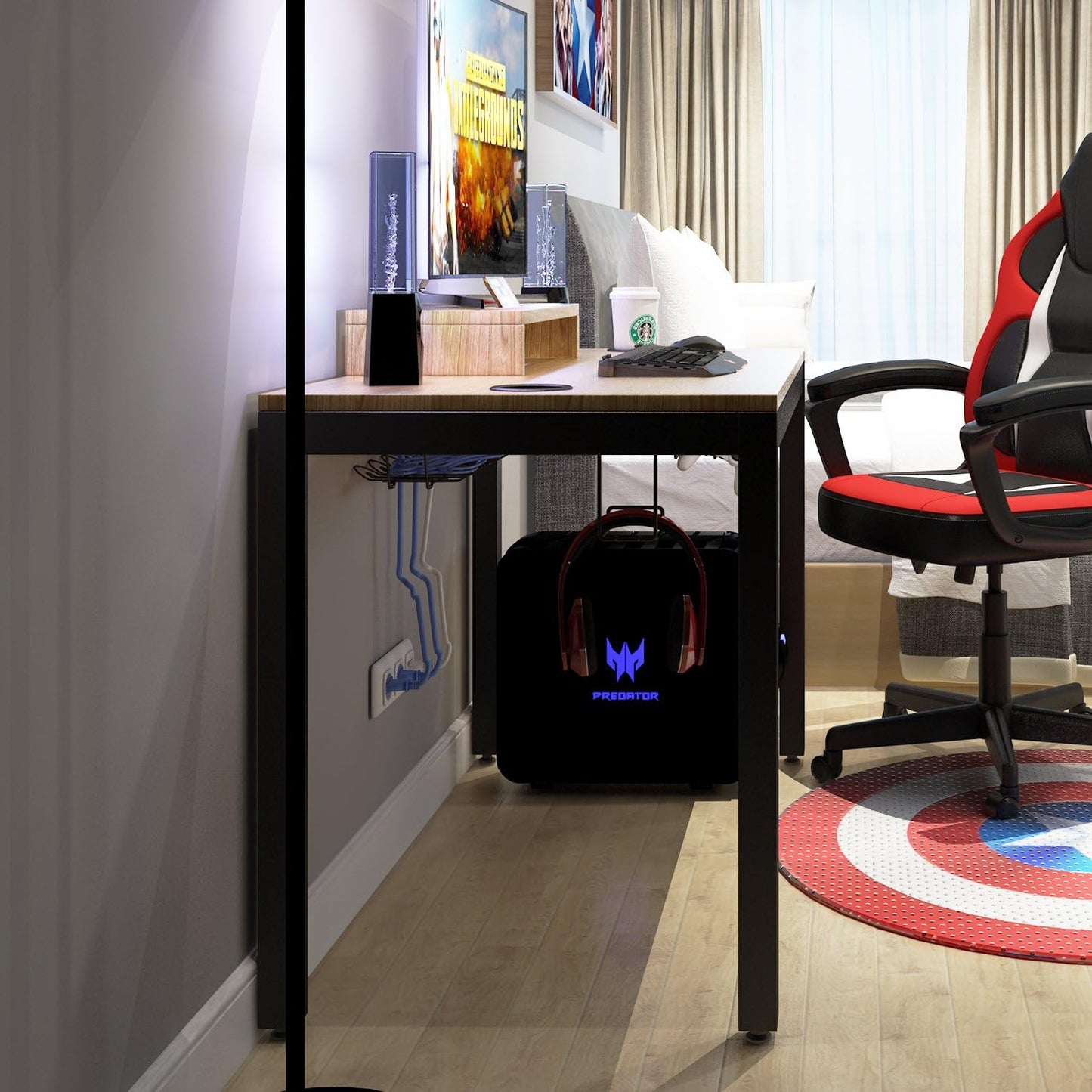 47-Inch Gaming Computer Desk Workstation with Display Stand, Cable Management, and Headphone Holder - Teak BHUS-AC14BB