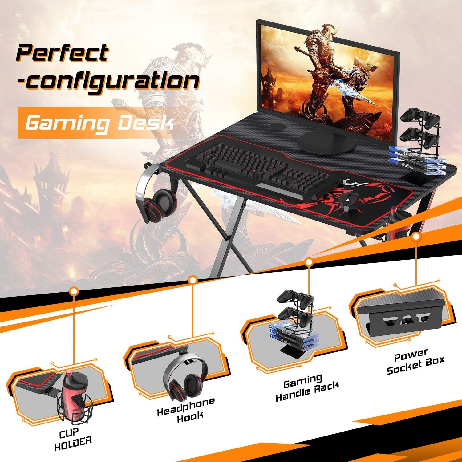 31-Inch X-Shape Gaming Desk with Free Mouse Pad, Cup Holder, Headphone Hook, and Controller Stand - Professional Gamer Workstation for Home Office in Black