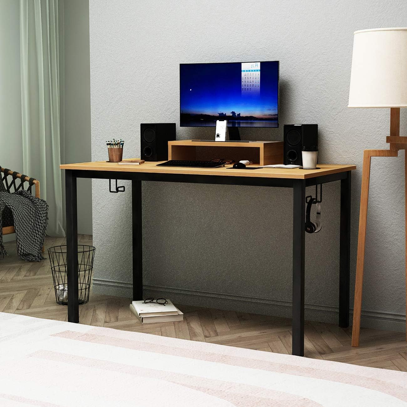 47-Inch Gaming Computer Desk Workstation with Display Stand, Cable Management, and Headphone Holder - Teak BHUS-AC14BB