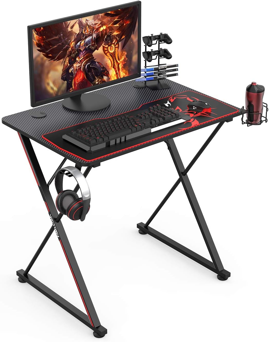 31-Inch X-Shape Gaming Desk with Free Mouse Pad, Cup Holder, Headphone Hook, and Controller Stand - Professional Gamer Workstation for Home Office in Black