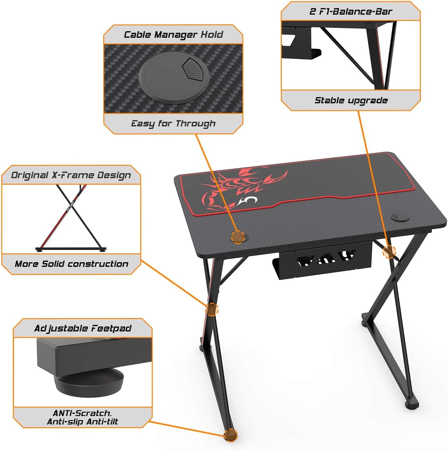 31-Inch X-Shape Gaming Desk with Free Mouse Pad, Cup Holder, Headphone Hook, and Controller Stand - Professional Gamer Workstation for Home Office in Black