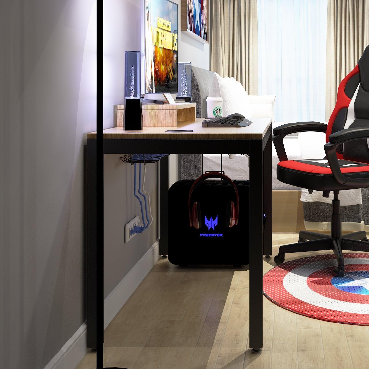47-Inch Gaming Computer Desk Workstation with Display Stand, Cable Management, and Headphone Holder - Teak BHUS-AC14BB