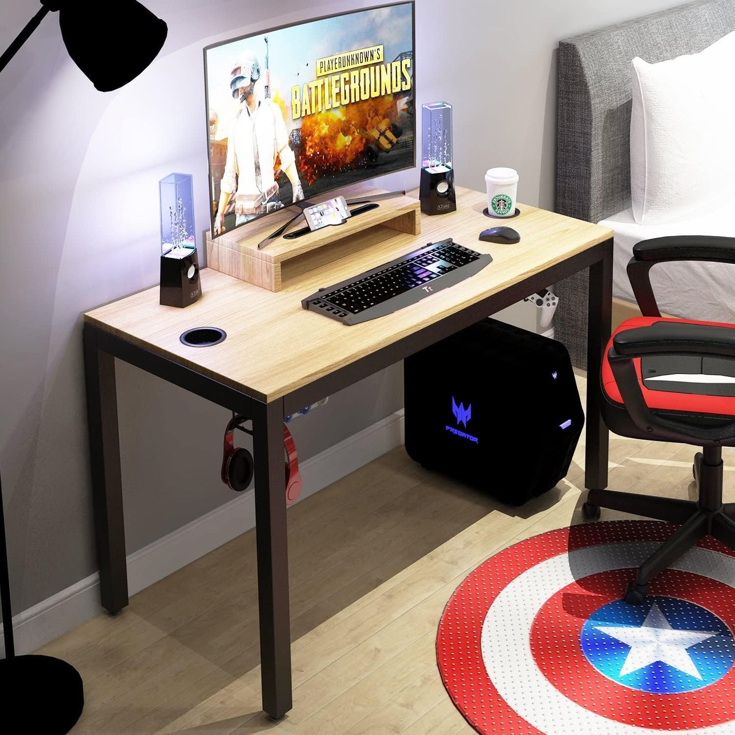 47-Inch Gaming Computer Desk Workstation with Display Stand, Cable Management, and Headphone Holder - Teak BHUS-AC14BB