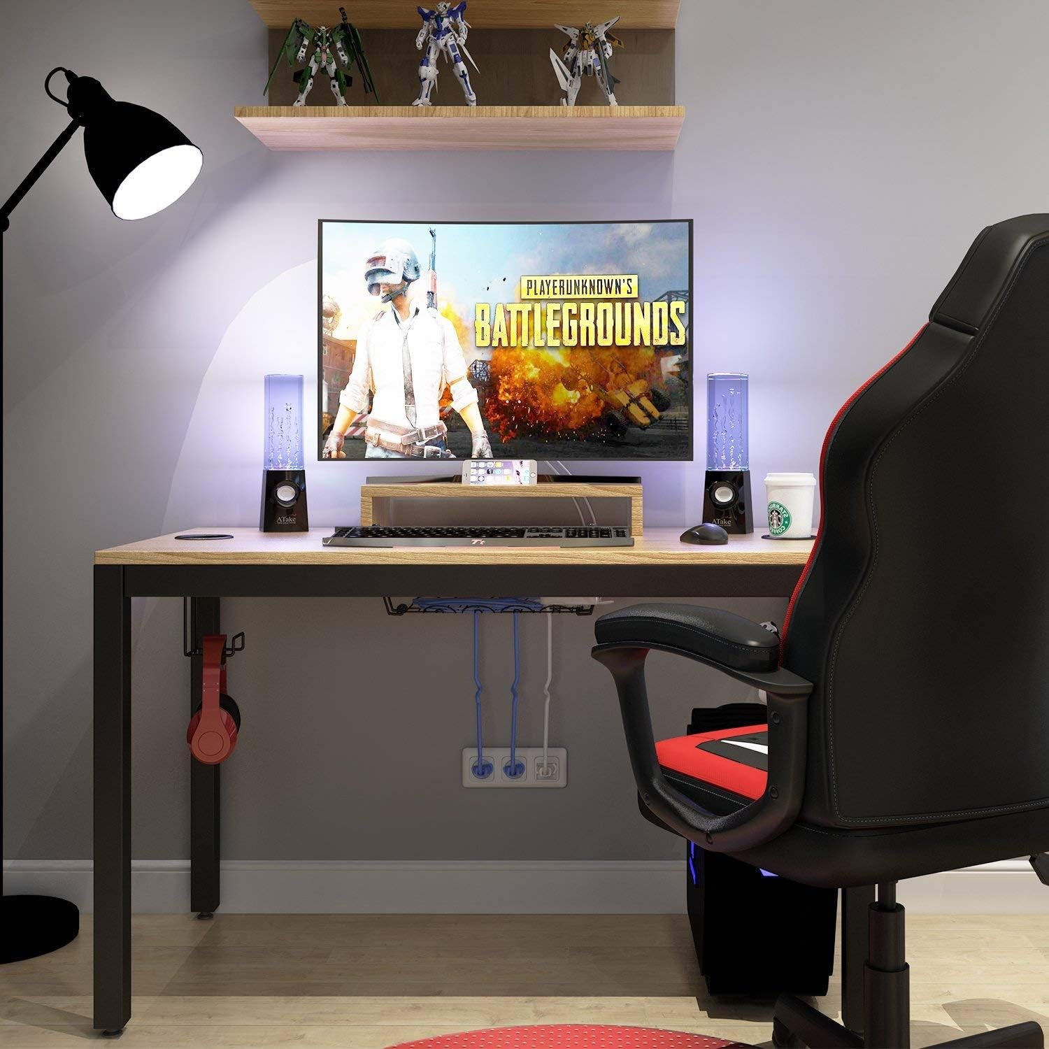 47-Inch Gaming Computer Desk Workstation with Display Stand, Cable Management, and Headphone Holder - Teak BHUS-AC14BB